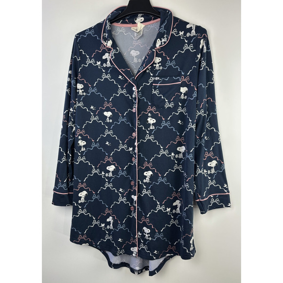 munki munki x Peanuts Sleep Shirt Dress Snoopy Print Navy Blue Button Medium - Picture 2 of 10